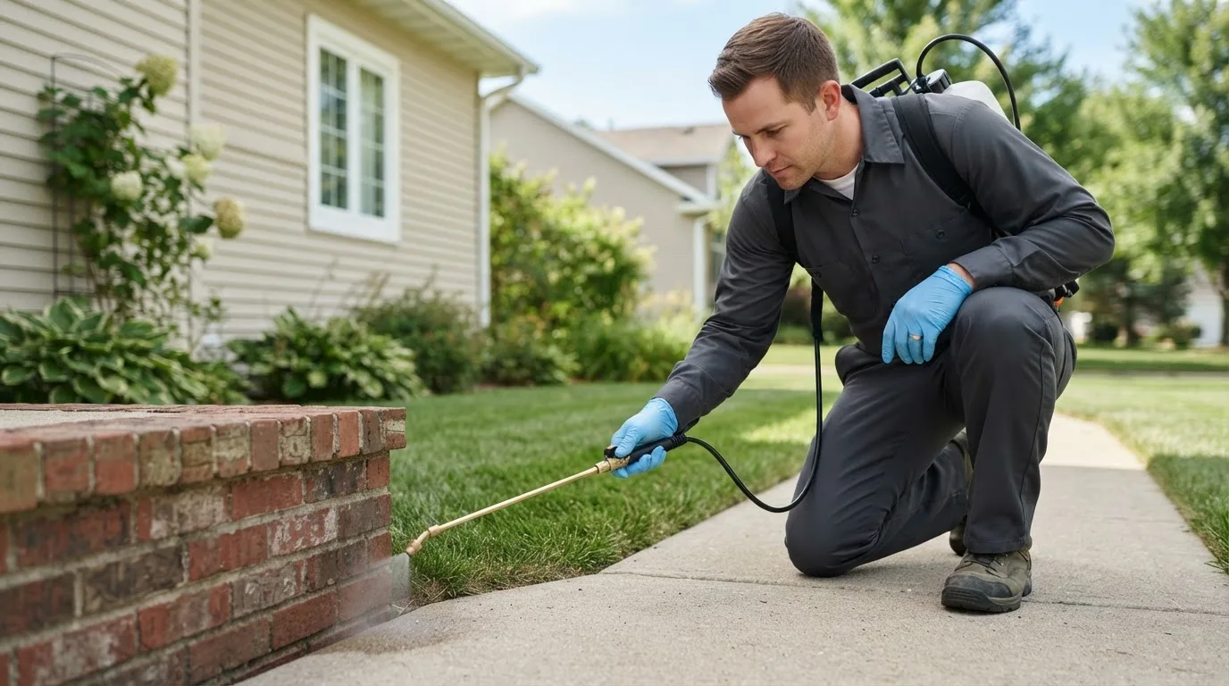 Pest control technician treating a home near Bonaparte, IA