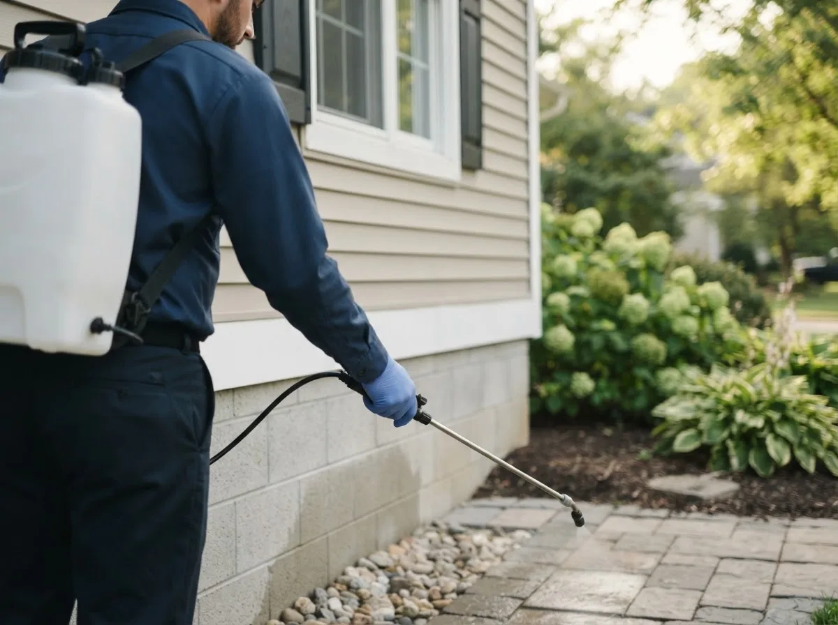 Pest control technician inspecting a home in Bonaparte, IA